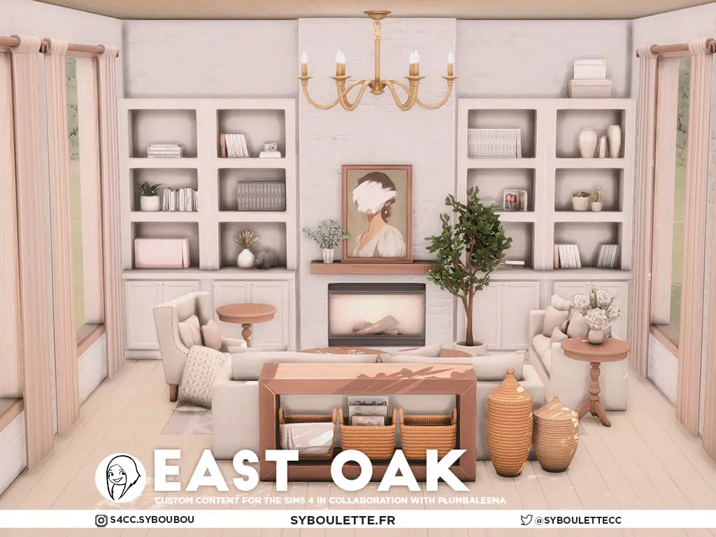 living room east oak inspired by west elm style. Custom content mods for The sims 4 by cc creator Syboulette