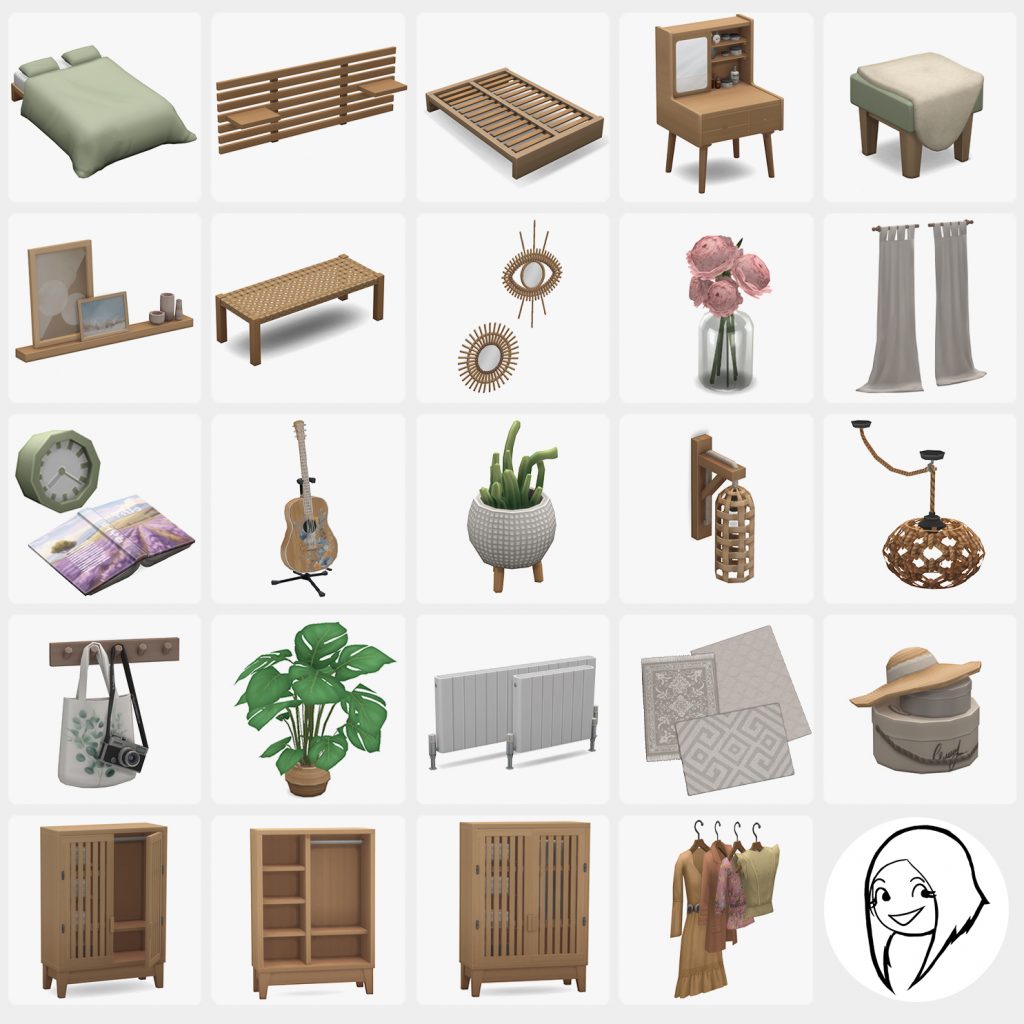 Boho mojo single items details. Custom content fo the sims 4 by syboulette, with a cozy and boho style bedroom items to download
