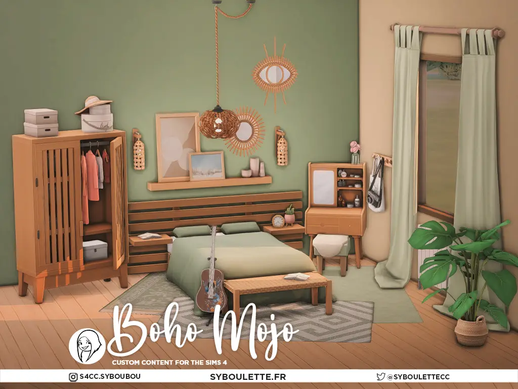 Boho mojo cc set preview in green and original version swatch. Custom content fo the sims 4 by syboulette, with a cozy and boho style bedroom items to download