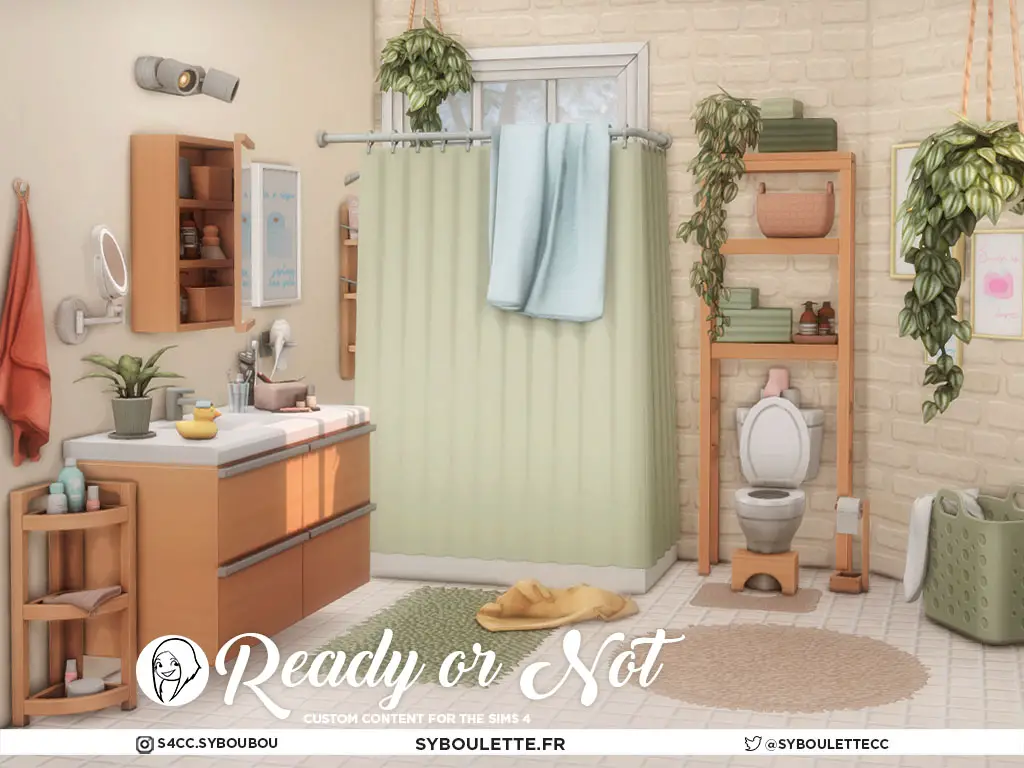 Preview picture from the custom content set 'Ready Or Not' bathroom from Sybuolette for The sims 4.