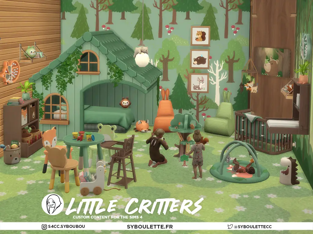 Screenshot of custom content set called Little Critters by Syboulette showing a kid bedroom themed around animal forest in the sims 4 game.